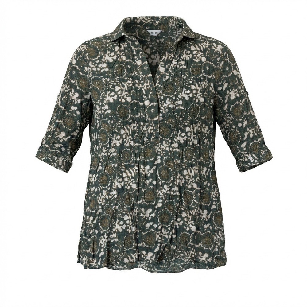 IGIGLI Floral Print Button Front Tunic Shirt Green Cream Boho Roll Tab Sleeve